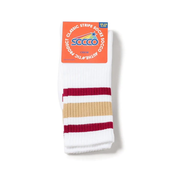 SOCCO Maroon and Vegas Gold Striped Socks | White Mid Socks