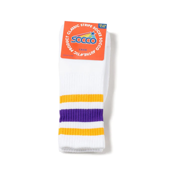 SOCCO Gold and Purple Striped Socks | White Mid Socks