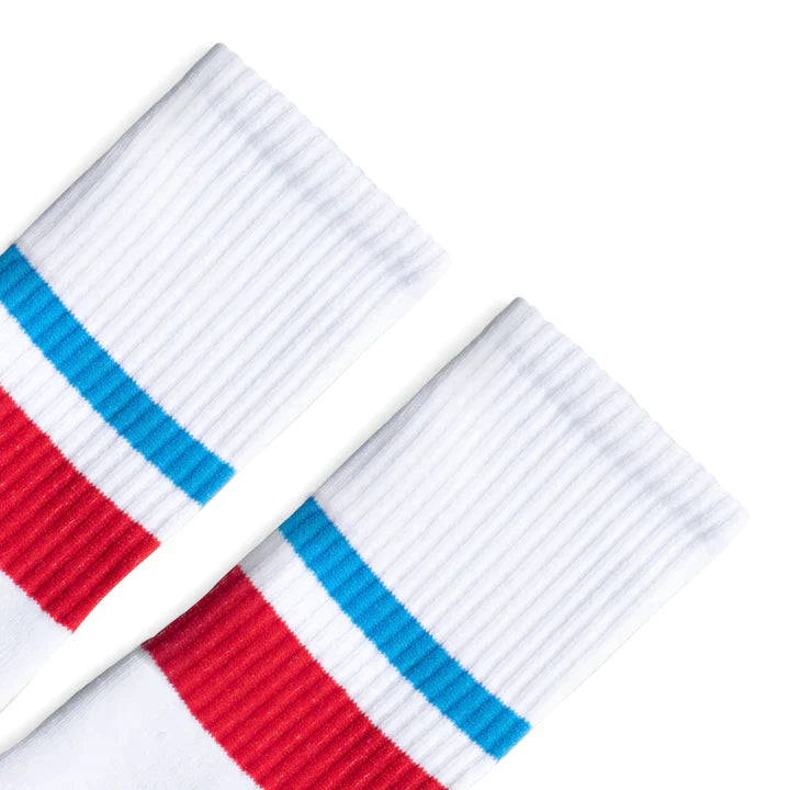 SOCCO Light Blue & Red 2-Striped | White Mid Socks
