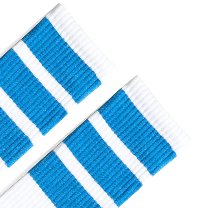 SOCCO Bold Bahama Blue Striped Socks | White Knee High Socks