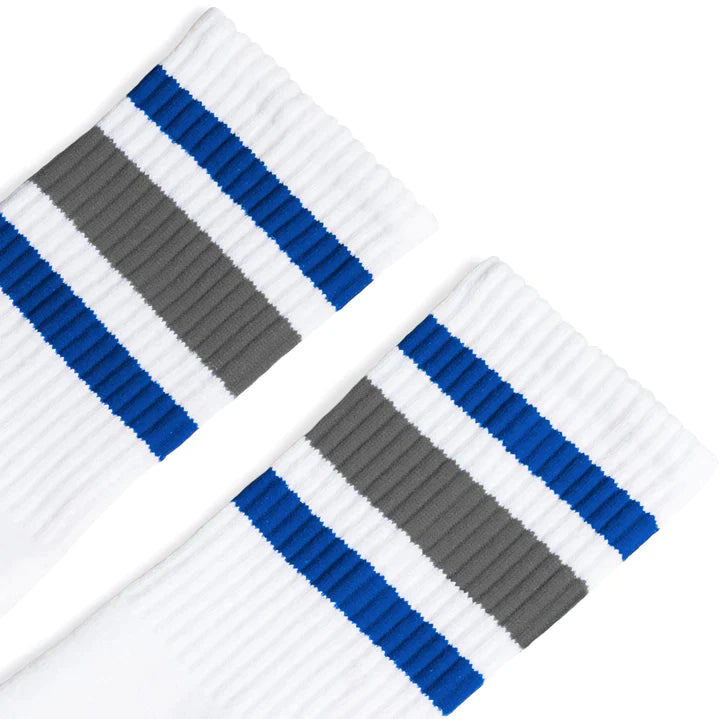 SOCCO Royal & Grey Striped | White Mid Socks