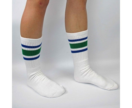 Skater Socks 19" Knee High White w/ Royal Blue & Green