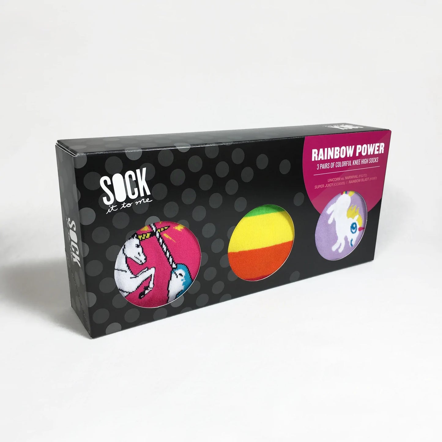 Sock it to me Rainbow Power Gift Box Set styles: UnicornVNarwhal, Super Juicy, Rainbow Blast Knee High