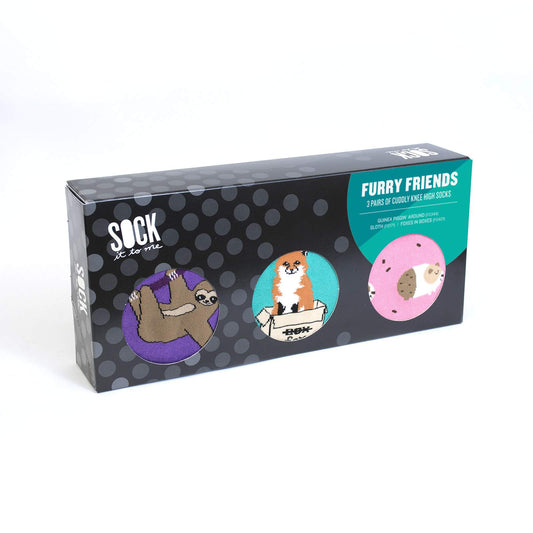 Sock it to Me Fury Friends Gift Box Set styles: Sloth, Foxes in Boxes and Guinea Piggin' Around Knee High