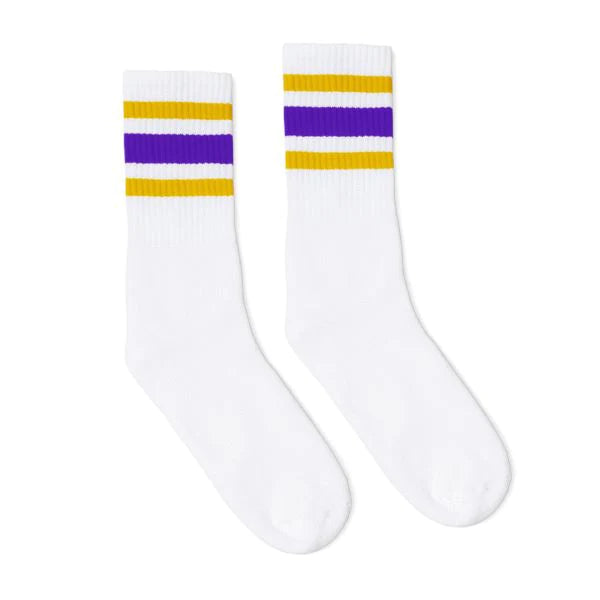 SOCCO Gold and Purple Striped Socks | White Mid Socks
