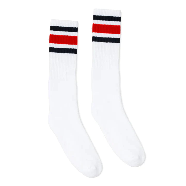 SOCCO Black Red Striped Socks | White Knee High Socks