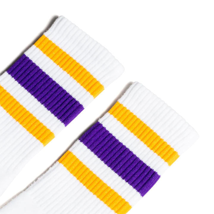 SOCCO Gold and Purple Striped Socks | White Mid Socks