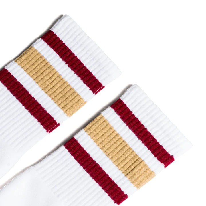 SOCCO Maroon and Vegas Gold Striped Socks | White Mid Socks