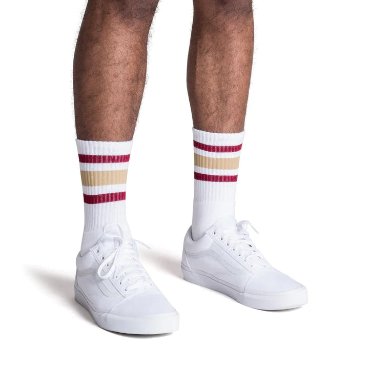 SOCCO Maroon and Vegas Gold Striped Socks | White Mid Socks
