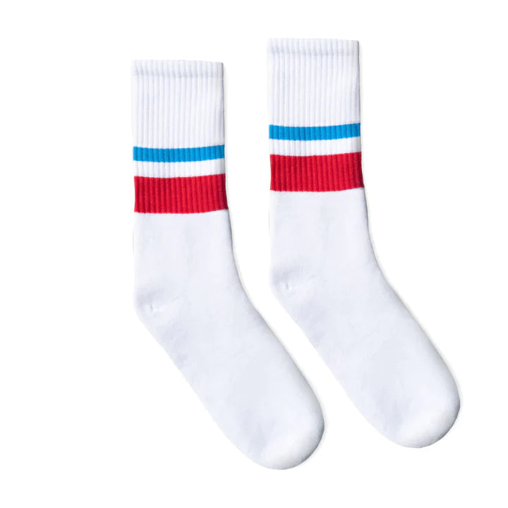 SOCCO Light Blue & Red 2-Striped | White Mid Socks