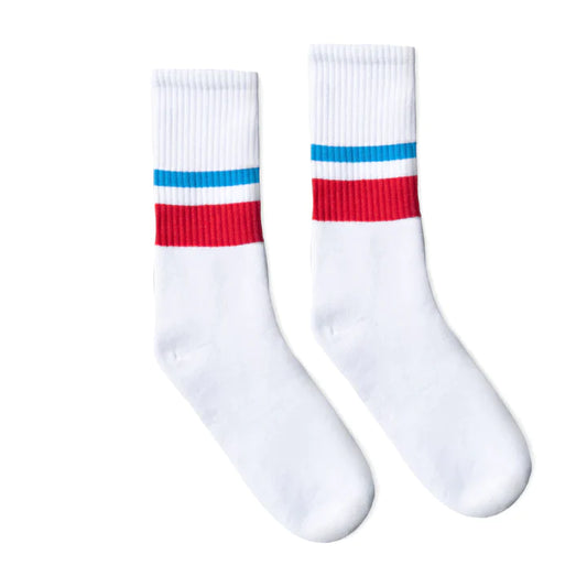 SOCCO Hellblau &amp; Rot 2-Streifen | Weiße Mittelsocken
