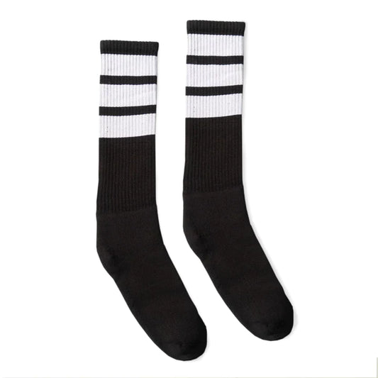 SOCCO Bold White Striped Socks | Black Knee High Socks